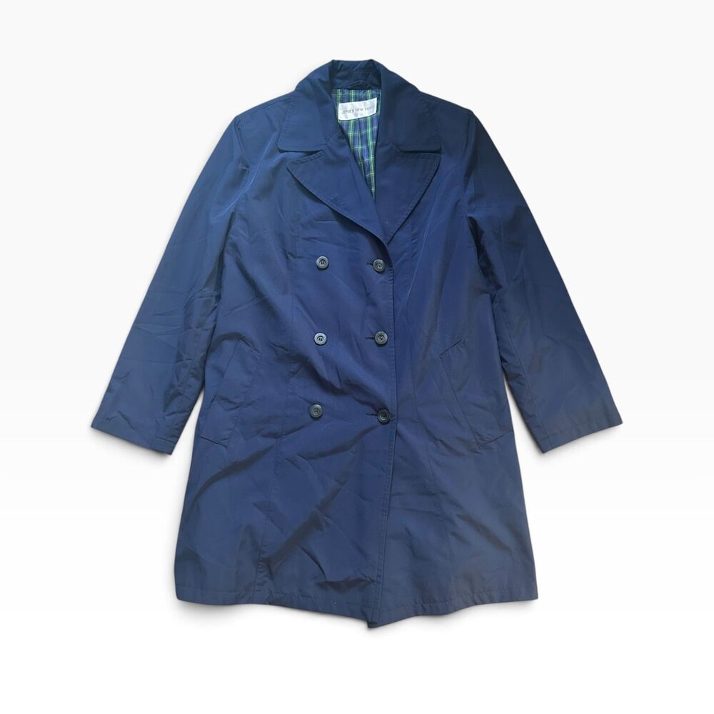 Jones New York Double Breasted Trench Large Navy 90s Stock Broker Corporate Coat